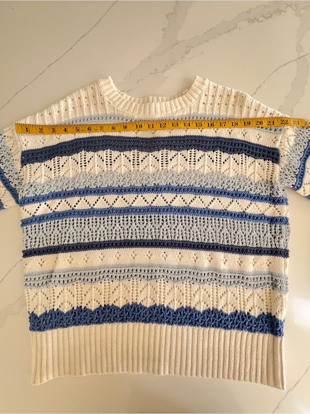 LOFT Chunky knit Open Stitch Cream Sweater with Light and Royal Blue Stripes, M - Picture 5 of 9
